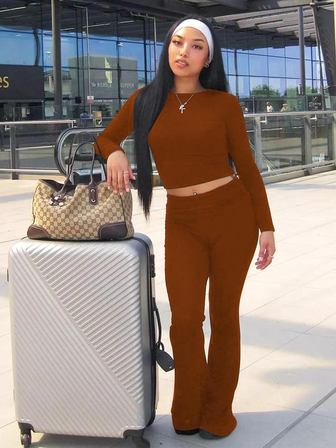 imageBORIFLORS Womens Workout 2 Piece Lounge Sets Long Sleeve Tops Foldover Flare Pants Casual Outfits TracksuitBrown