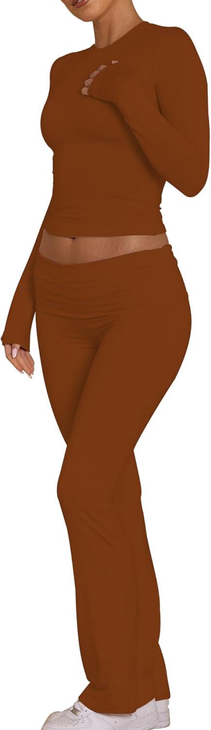imageBORIFLORS Womens Workout 2 Piece Lounge Sets Long Sleeve Tops Foldover Flare Pants Casual Outfits TracksuitBrown