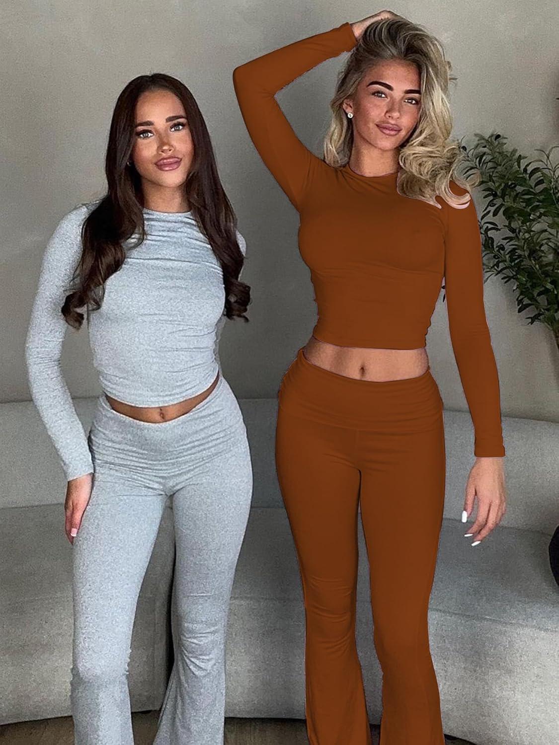 imageBORIFLORS Womens Workout 2 Piece Lounge Sets Long Sleeve Tops Foldover Flare Pants Casual Outfits TracksuitBrown