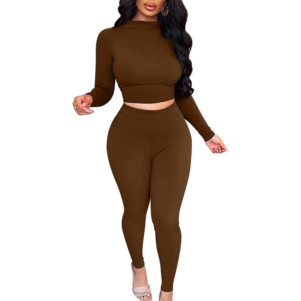 imageBORIFLORS Womens 2 Piece Outfits Sexy Crop Top Jogger Track Suits Workout Leggings Pants SetsCoffee
