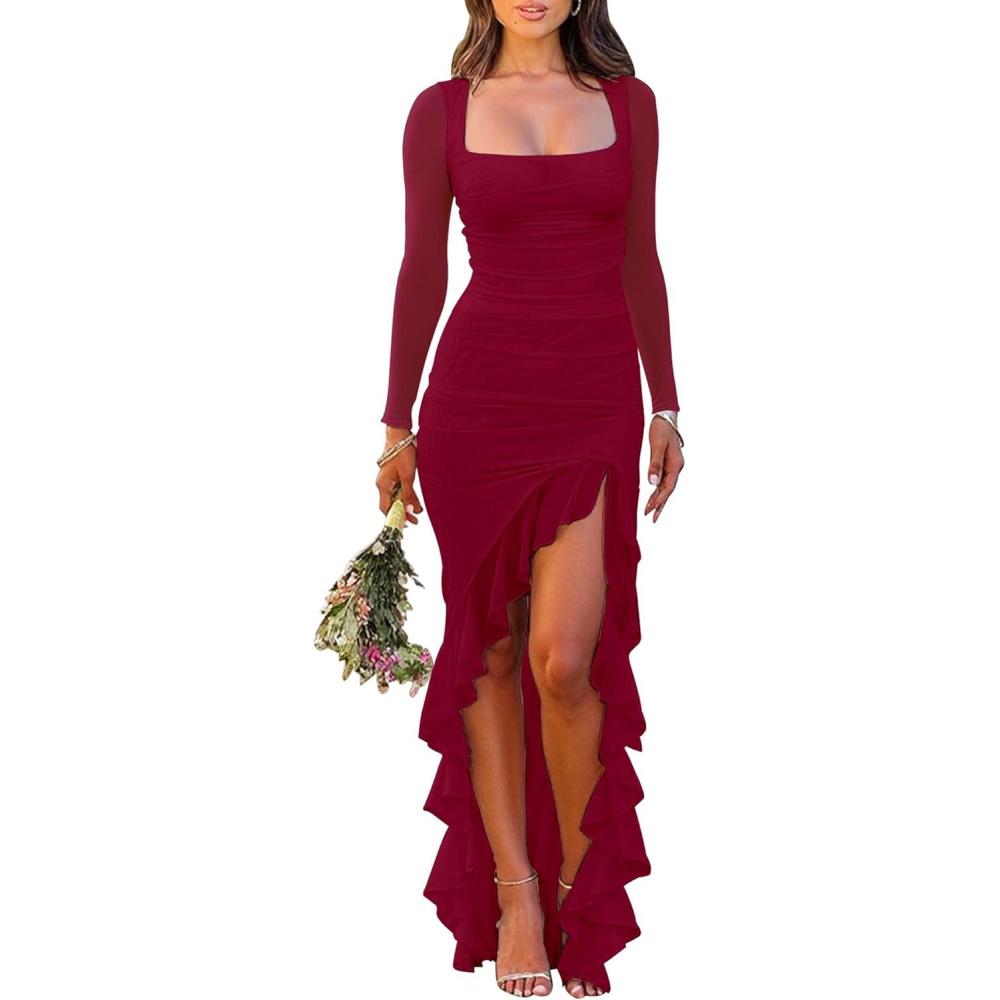 imageBORIFLORS Womens Ruched Bodycon Maxi Dresses Mesh Long Sleeve Square Neck Ruffle Hem Cocktail Party DressWine Red