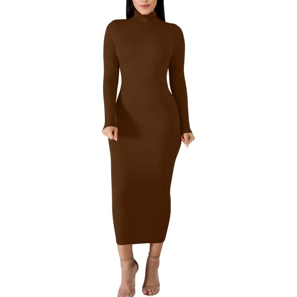 imageBORIFLORS Womens Sexy Basic Long Sleeve Turtleneck Bodycon Party Long Pencil DressCoffee
