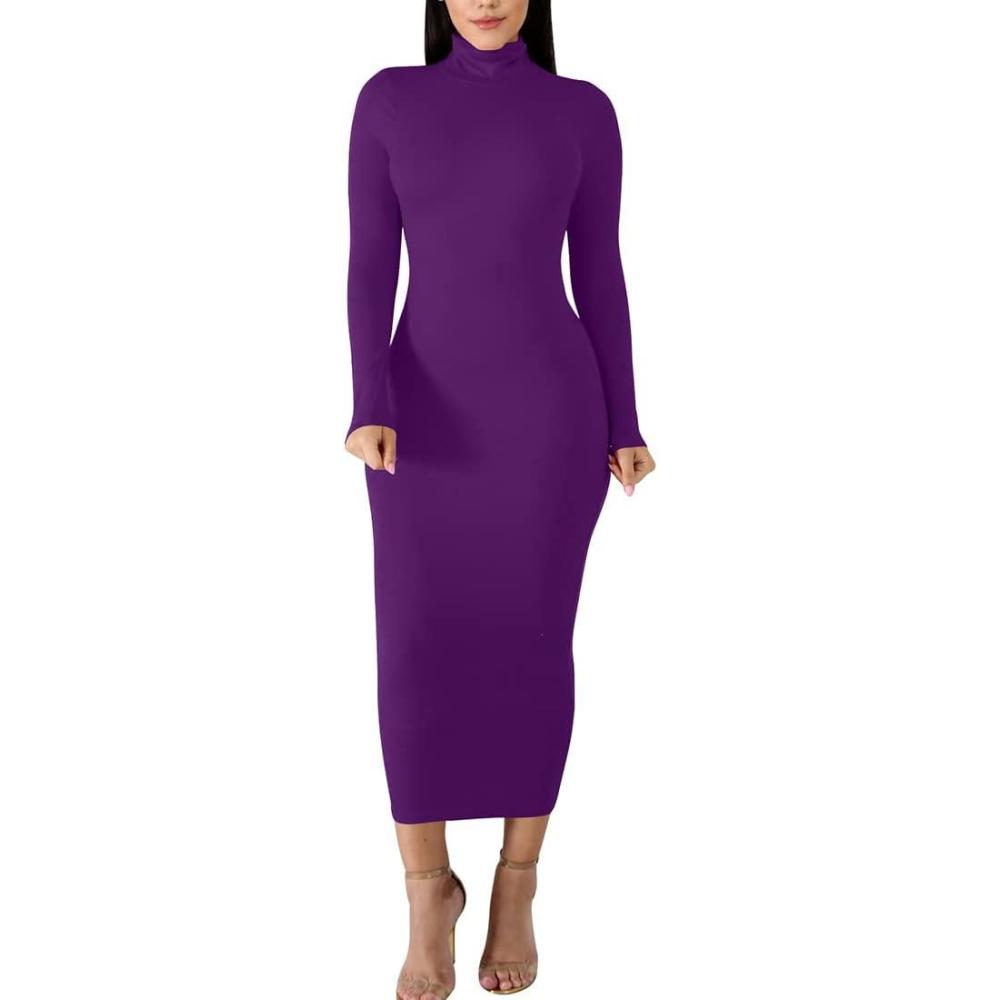 imageBORIFLORS Womens Sexy Basic Long Sleeve Turtleneck Bodycon Party Long Pencil DressDark Purple