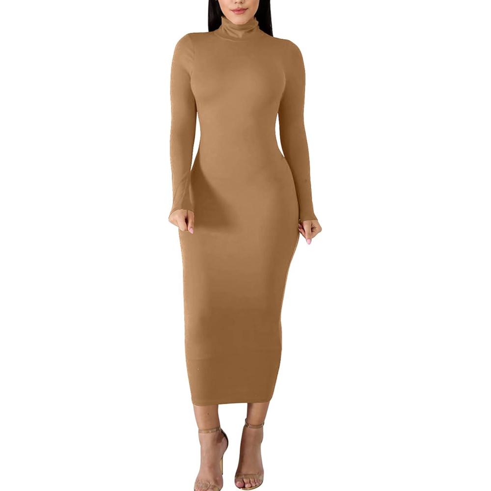 imageBORIFLORS Womens Sexy Basic Long Sleeve Turtleneck Bodycon Party Long Pencil DressKhaki