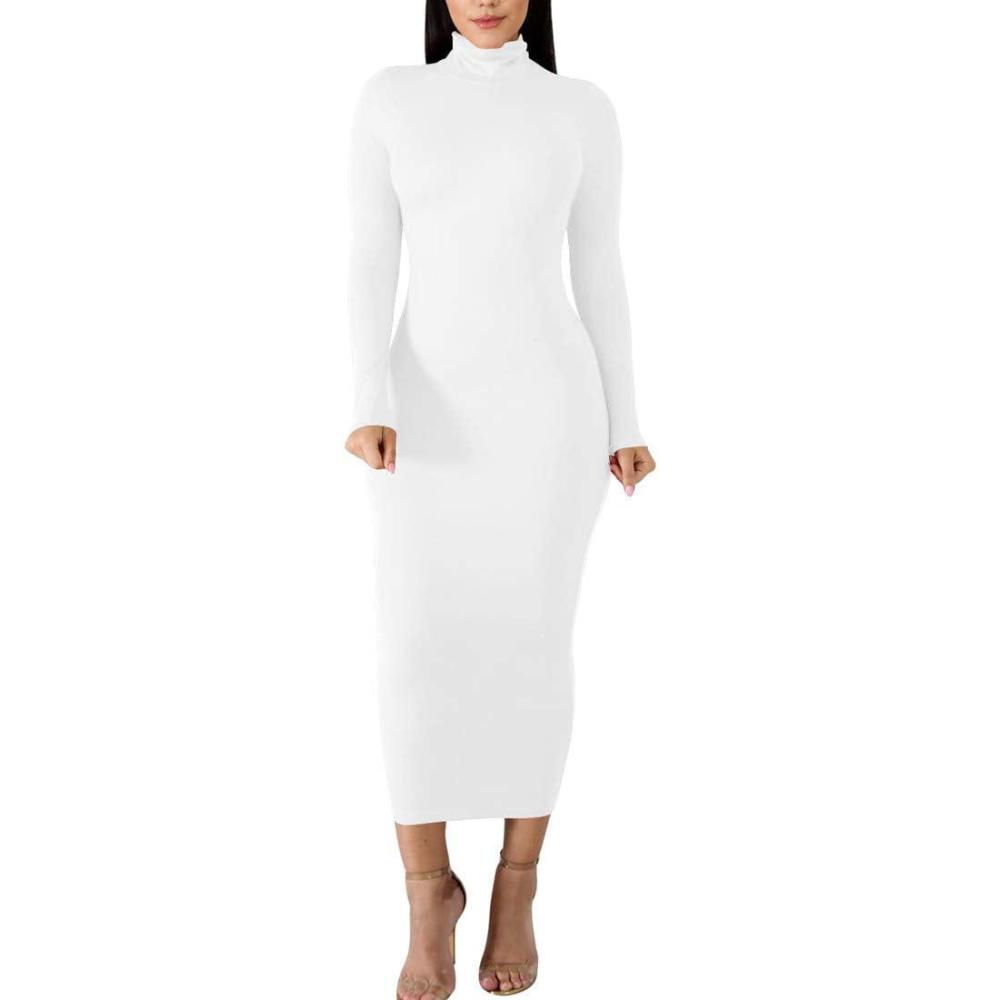 imageBORIFLORS Womens Sexy Basic Long Sleeve Turtleneck Bodycon Party Long Pencil DressWhite