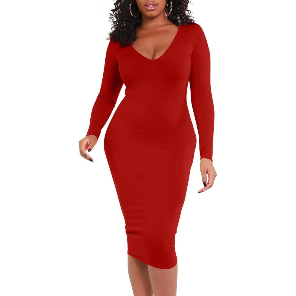 imageBORIFLORS Womens Sexy Bodycon Long Sleeve Deep V Neck Club Party Midi Pencil DressesRed