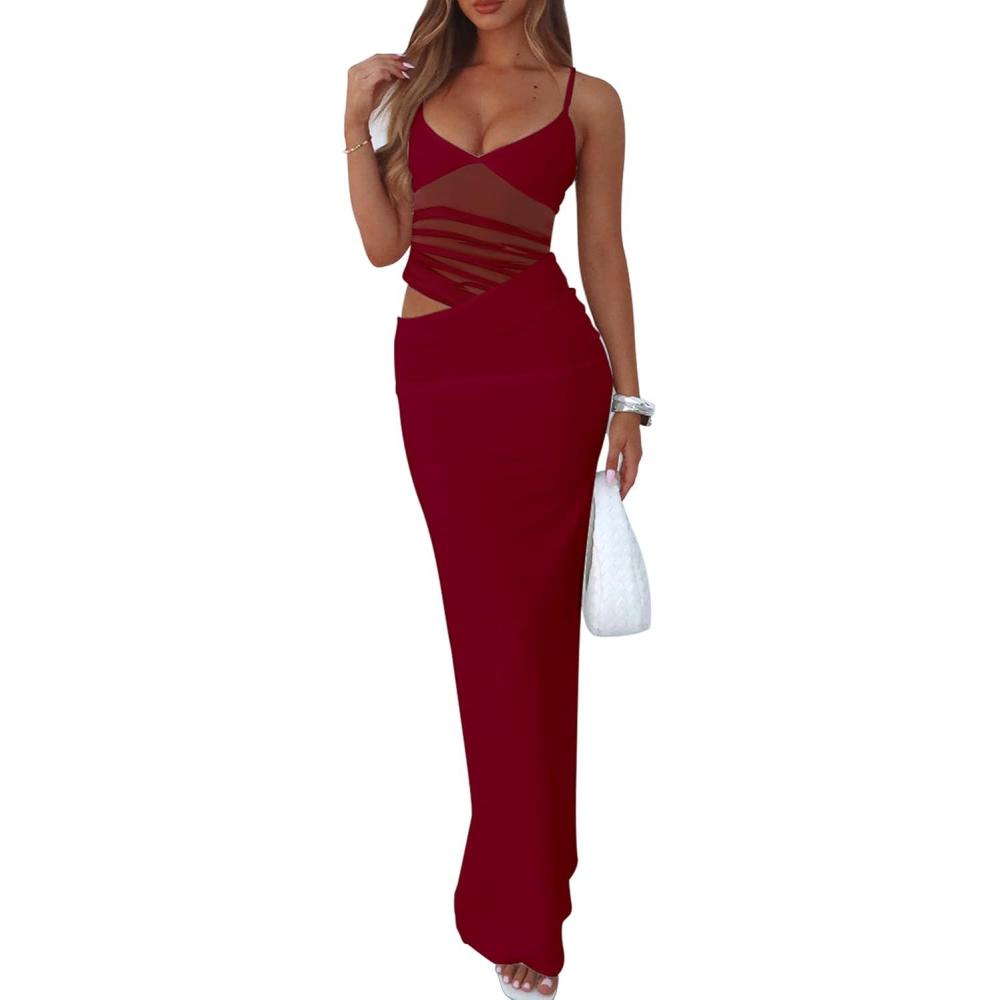 imageBORIFLORS Womens Sexy Bodycon V Neck Spaghetti Strap Maxi Dress Elegant Backless Cocktail Evening Party Long Formal DressesWine Red