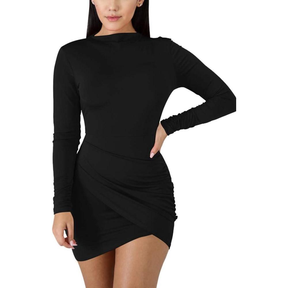 imageBORIFLORS Womens Sexy Wrap Front Long Sleeve Ruched Bodycon Mini Club DressBlack