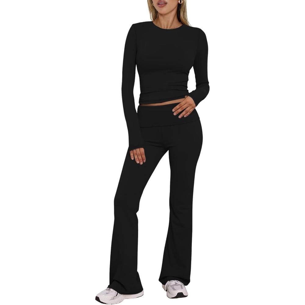 imageBORIFLORS Womens Workout 2 Piece Lounge Sets Long Sleeve Tops Foldover Flare Pants Casual Outfits TracksuitBlack