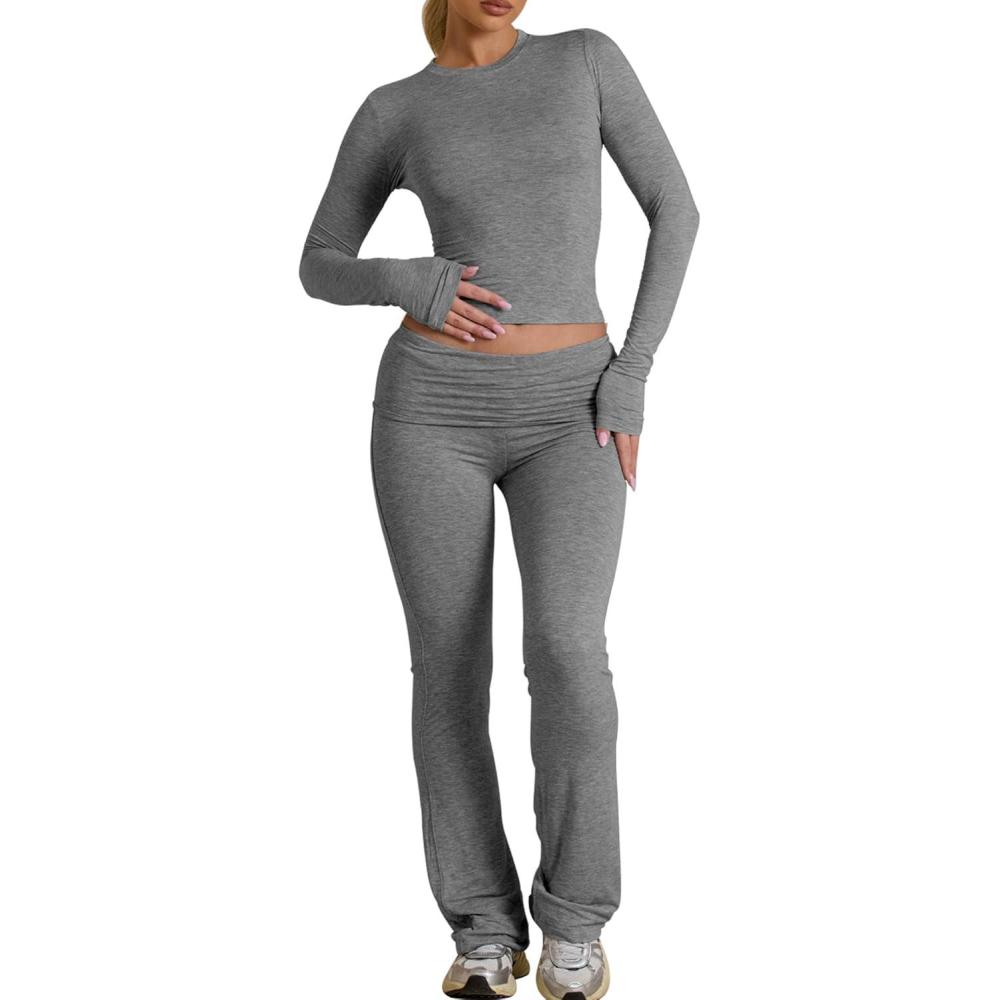 imageBORIFLORS Womens Workout 2 Piece Lounge Sets Long Sleeve Tops Foldover Flare Pants Casual Outfits TracksuitDark Grey