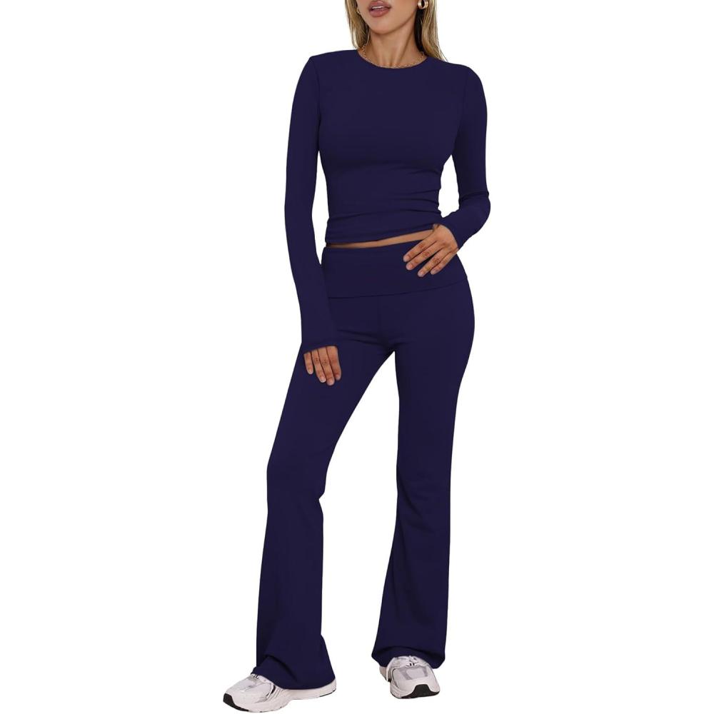 imageBORIFLORS Womens Workout 2 Piece Lounge Sets Long Sleeve Tops Foldover Flare Pants Casual Outfits TracksuitNavy