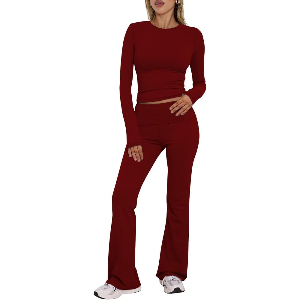 imageBORIFLORS Womens Workout 2 Piece Lounge Sets Long Sleeve Tops Foldover Flare Pants Casual Outfits TracksuitWine Red