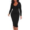 imageBORIFLORS Womens Sexy Bodycon Long Sleeve Deep V Neck Club Party Midi Pencil DressesBlack