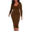 imageBORIFLORS Womens Sexy Bodycon Long Sleeve Deep V Neck Club Party Midi Pencil DressesCoffee