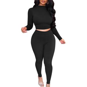 BORIFLORS Women’s 2 Piece Outfits Sexy Crop Top Jogger Track Suits Workout Leggings Pants Sets(Black)