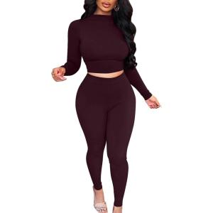 BORIFLORS Women’s 2 Piece Outfits Sexy Crop Top Jogger Track Suits Workout Leggings Pants Sets(Dark Chocolate)