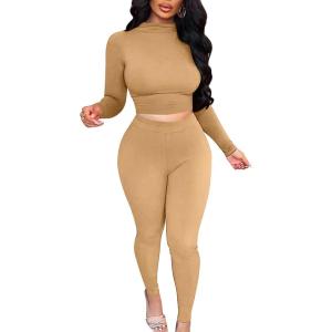 BORIFLORS Women’s 2 Piece Outfits Sexy Crop Top Jogger Track Suits Workout Leggings Pants Sets(Khaki)