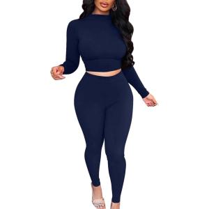 BORIFLORS Women’s 2 Piece Outfits Sexy Crop Top Jogger Track Suits Workout Leggings Pants Sets(Navy)