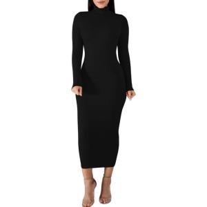 BORIFLORS Women’s Sexy Basic Long Sleeve Turtleneck Bodycon Party Long Pencil Dress(Black)
