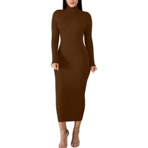 BORIFLORS Women’s Sexy Basic Long Sleeve Turtleneck Bodycon Party Long Pencil Dress(Coffee)
