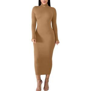 BORIFLORS Women’s Sexy Basic Long Sleeve Turtleneck Bodycon Party Long Pencil Dress(Khaki)