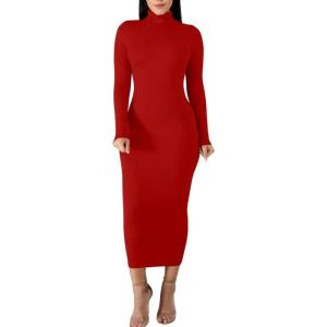 BORIFLORS Women’s Sexy Basic Long Sleeve Turtleneck Bodycon Party Long Pencil Dress(Red)
