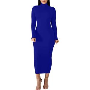 BORIFLORS Women’s Sexy Basic Long Sleeve Turtleneck Bodycon Party Long Pencil Dress(Royal Blue)