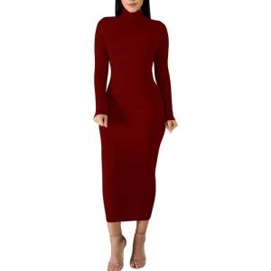 BORIFLORS Women’s Sexy Basic Long Sleeve Turtleneck Bodycon Party Long Pencil Dress(Wine Red)