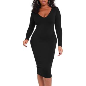 BORIFLORS Women’s Sexy Bodycon Long Sleeve Deep V Neck Club Party Midi Pencil Dresses(Black)