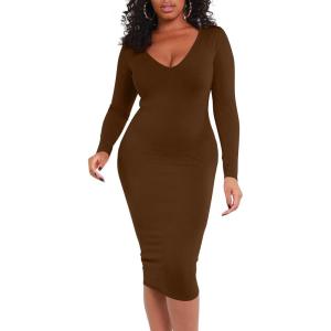 BORIFLORS Women’s Sexy Bodycon Long Sleeve Deep V Neck Club Party Midi Pencil Dresses(Coffee)