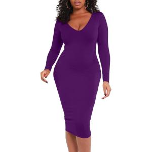 BORIFLORS Women’s Sexy Bodycon Long Sleeve Deep V Neck Club Party Midi Pencil Dresses(Dark Purple)