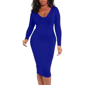 BORIFLORS Women’s Sexy Bodycon Long Sleeve Deep V Neck Club Party Midi Pencil Dresses(Royal Blue)