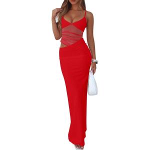BORIFLORS Women’s Sexy Bodycon V Neck Spaghetti Strap Maxi Dress Elegant Backless Cocktail Evening Party Long Formal Dresses(Red)