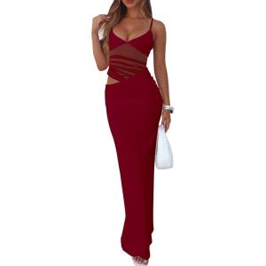BORIFLORS Women’s Sexy Bodycon V Neck Spaghetti Strap Maxi Dress Elegant Backless Cocktail Evening Party Long Formal Dresses(Wine Red)