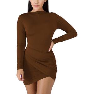 BORIFLORS Women’s Sexy Wrap Front Long Sleeve Ruched Bodycon Mini Club Dress((Long Sleeve)-coffee)