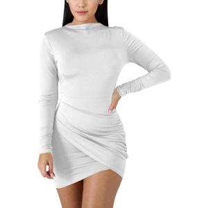 BORIFLORS Women’s Sexy Wrap Front Long Sleeve Ruched Bodycon Mini Club Dress(White)
