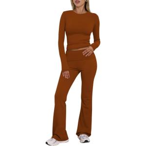 BORIFLORS Women’s Workout 2 Piece Lounge Sets Long Sleeve Tops Foldover Flare Pants Casual Outfits Tracksuit(Brown)