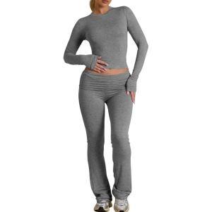 BORIFLORS Women’s Workout 2 Piece Lounge Sets Long Sleeve Tops Foldover Flare Pants Casual Outfits Tracksuit(Dark Grey)