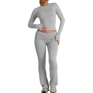 BORIFLORS Women’s Workout 2 Piece Lounge Sets Long Sleeve Tops Foldover Flare Pants Casual Outfits Tracksuit(Grey)