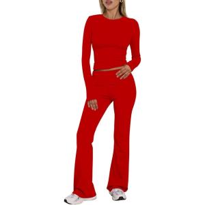BORIFLORS Women’s Workout 2 Piece Lounge Sets Long Sleeve Tops Foldover Flare Pants Casual Outfits Tracksuit(Red)