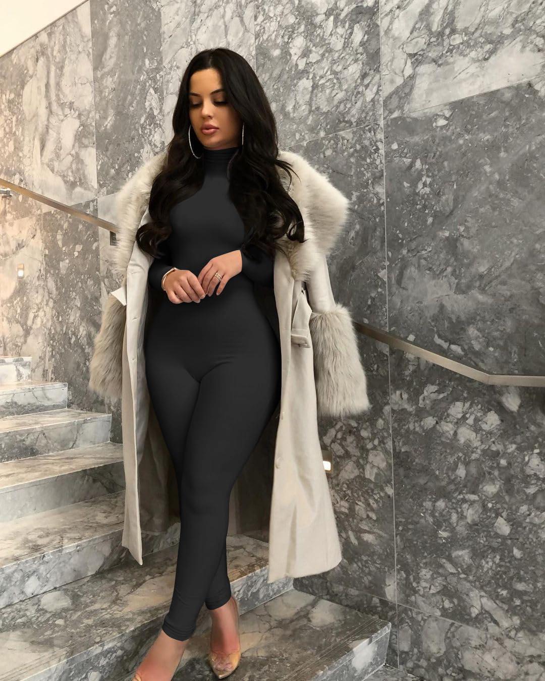 imageBORIFLORS Long Sleeve Jumpsuit for Women Sexy Turtleneck One Piece Bodycon Rompers ClubwearBlack