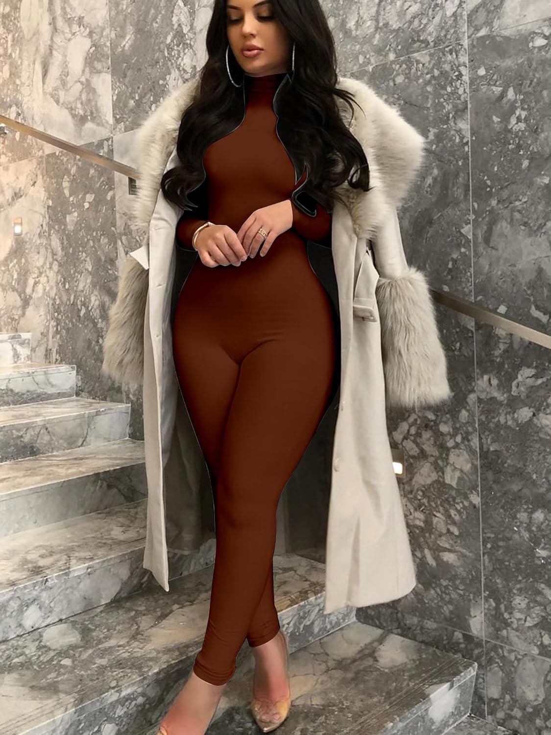 imageBORIFLORS Long Sleeve Jumpsuit for Women Sexy Turtleneck One Piece Bodycon Rompers ClubwearBrown