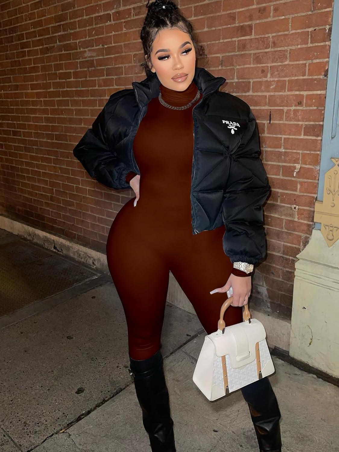 imageBORIFLORS Long Sleeve Jumpsuit for Women Sexy Turtleneck One Piece Bodycon Rompers ClubwearBrown
