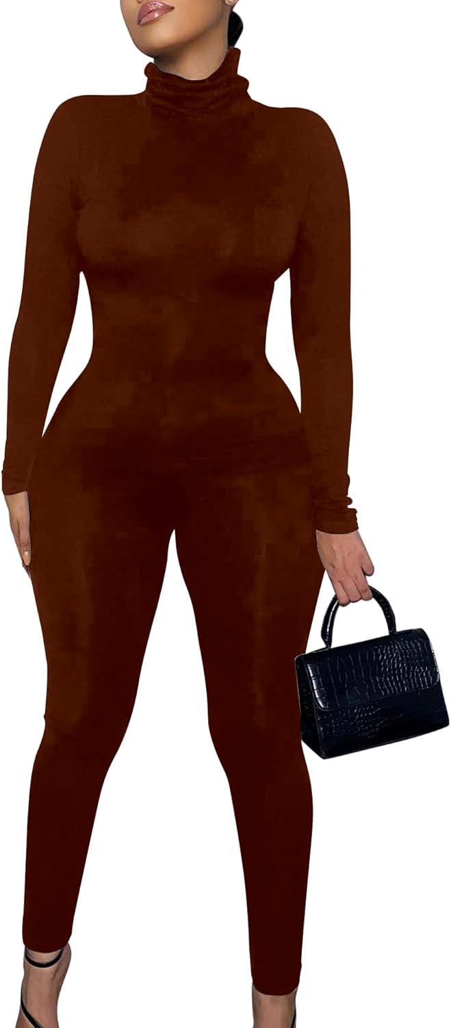 imageBORIFLORS Long Sleeve Jumpsuit for Women Sexy Turtleneck One Piece Bodycon Rompers ClubwearBrown