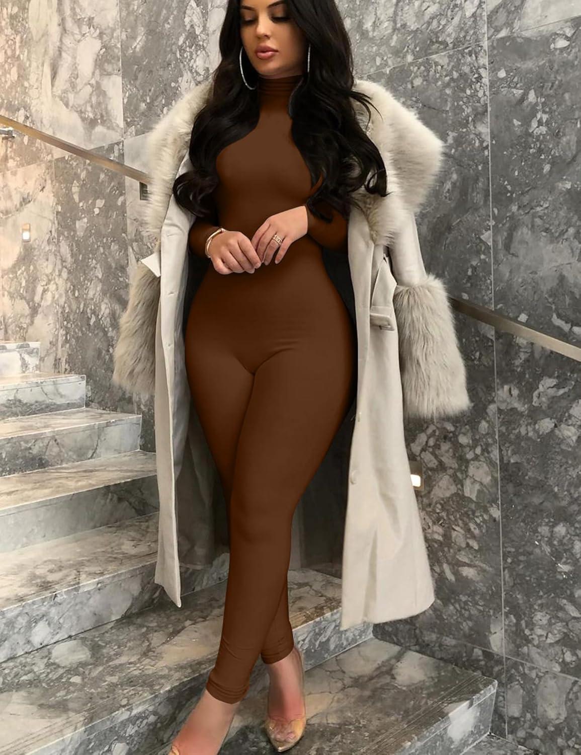 imageBORIFLORS Long Sleeve Jumpsuit for Women Sexy Turtleneck One Piece Bodycon Rompers ClubwearCoffee