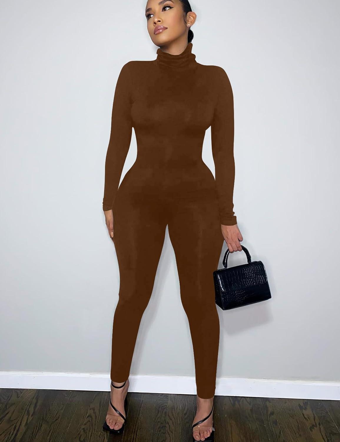 imageBORIFLORS Long Sleeve Jumpsuit for Women Sexy Turtleneck One Piece Bodycon Rompers ClubwearCoffee