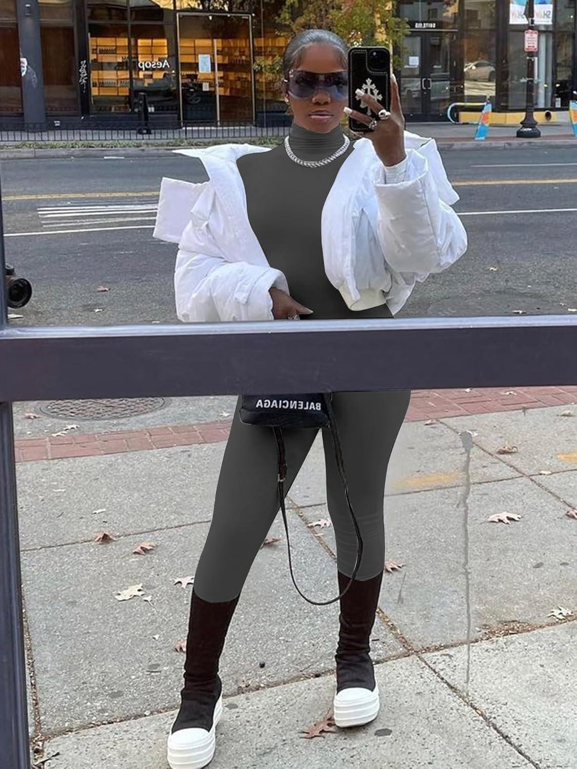 imageBORIFLORS Long Sleeve Jumpsuit for Women Sexy Turtleneck One Piece Bodycon Rompers ClubwearDark Grey