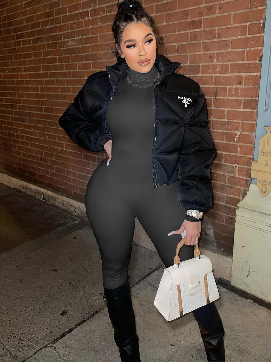 imageBORIFLORS Long Sleeve Jumpsuit for Women Sexy Turtleneck One Piece Bodycon Rompers ClubwearDark Grey