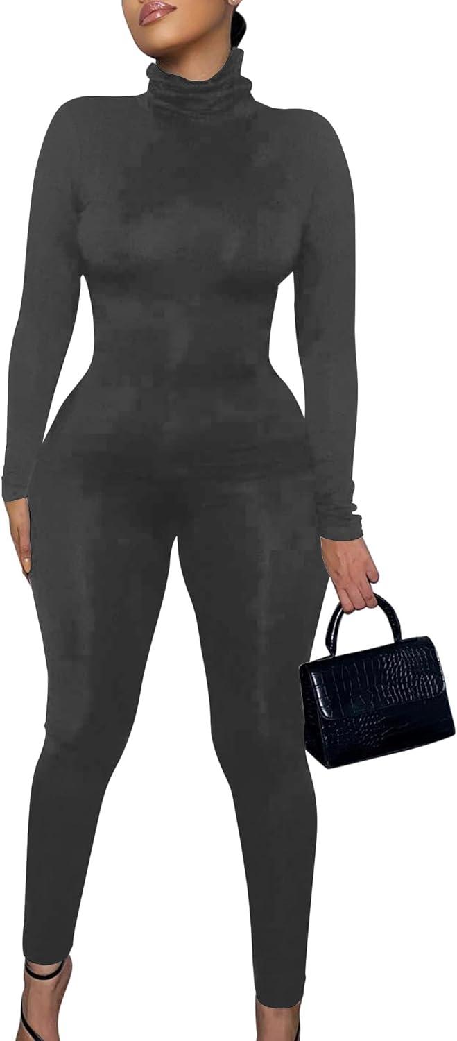 imageBORIFLORS Long Sleeve Jumpsuit for Women Sexy Turtleneck One Piece Bodycon Rompers ClubwearDark Grey