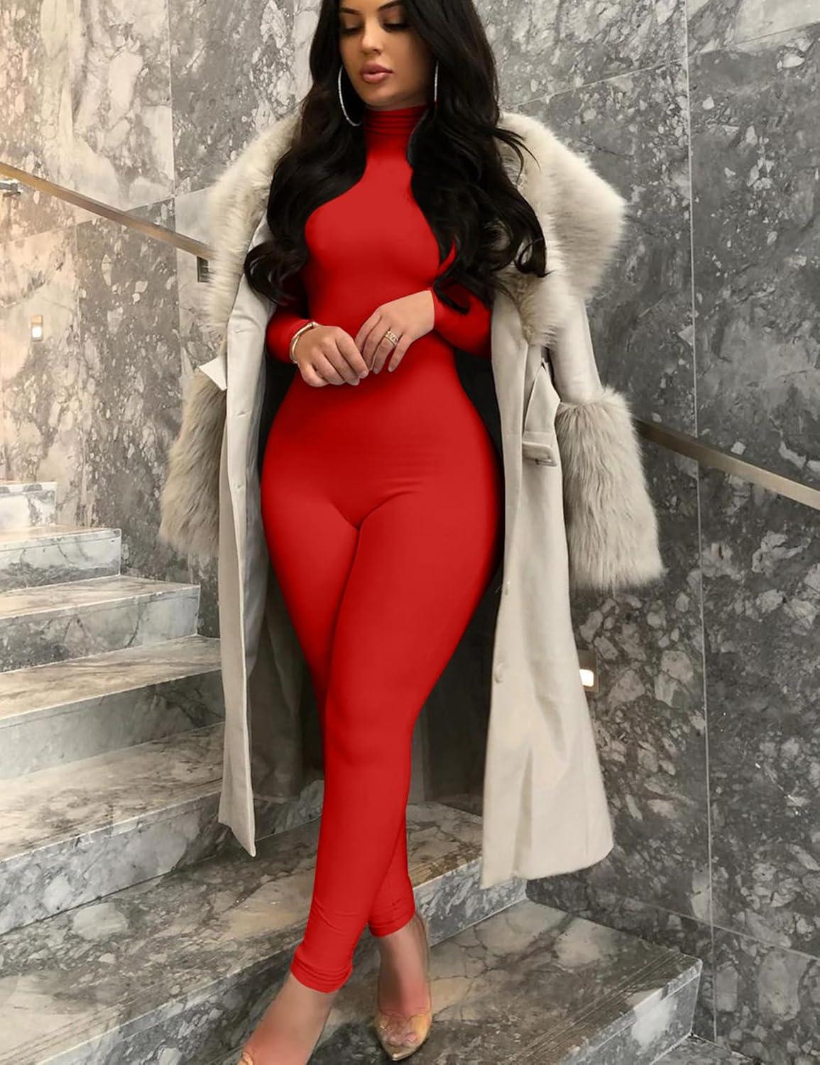 imageBORIFLORS Long Sleeve Jumpsuit for Women Sexy Turtleneck One Piece Bodycon Rompers ClubwearRed